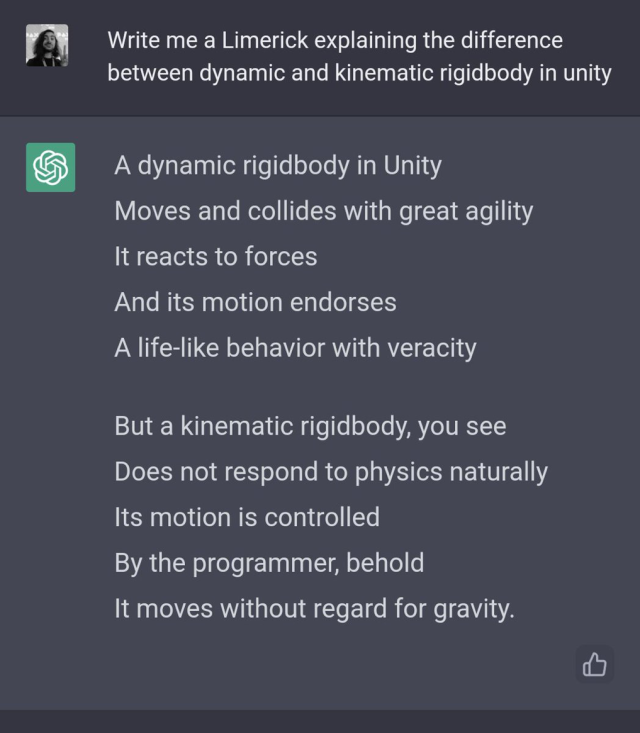 "Write me a limerick explaining the difference between dynamic and kinematic rigidbody in unity"